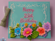 Happy Birthday Age 25 GIF, 25th Birthday GIF: Animated Birthday GIF as a colorful birthday card reading Happy Birthday Name and flower petals floating past.