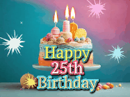 Happy Birthday Age 25 GIF, 25th Birthday GIF: A colorful animated Happy Birthday Cake GIF with swirling sparkles and flickering candles. It reads Happy Birthday Name