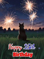 Happy Birthday Age 25 GIF, 25th Birthday GIF: An animated gif at night showing the backside of a sitting cat who watches sparkle and fireworks over a meadow. Customize name and happy birthday.