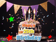 Happy Birthday Age 25 GIF, 25th Birthday GIF: Happy birthday cake animated gif with flickering candles, animated text, and falling confetti. Customize text reading Happy Birthday Customize.