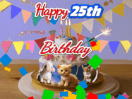Happy Birthday Age 25 GIF, 25th Birthday GIF: Happy Birthday Cake GIF with a cat, lamb, and squirrel on the cake with flickering candles, a sparkler, and falling confetti. Reads Happy Birthday Name and you can customize the name