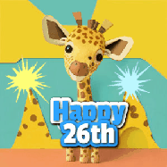 Happy Birthday Age 26 GIF, 26th Birthday GIF: Cute giraffee birthday gif depicting a paper cutout bobbing giraffe head and birthday text you can customize with sparklers.