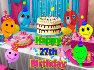Happy Birthday Age 27 GIF, 27th Birthday GIF: A birthday animated gif with a party room in the background and cute balloons, cake, and name to customize.