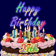 Happy Birthday Age 27 GIF, 27th Birthday GIF: A dark blue birthday gif with a beautiful cake with flickering candles, background sparkles and a name to customize.