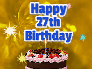 Happy Birthday Age 27 GIF, 27th Birthday GIF: A glitter and sparkle happy birthday gif with swelling sparkles, a birthday cake, and 3 lines of text to customize