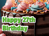 Happy Birthday Age 27 GIF, 27th Birthday GIF: A beautiful and elegant birthday cake gif with pink text to customize and animated flowers.