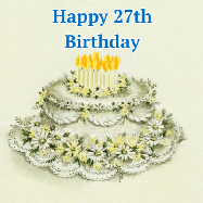 Happy Birthday Age 27 GIF, 27th Birthday GIF: A beautiful vintage birthday cake design with flickering candles atop and three lines of customized happy birthday text.