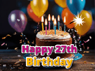 Happy Birthday Age 27 GIF, 27th Birthday GIF: A birthday cake with flickering candles gif with text reading Happy Birthday and a Name slot to customize