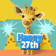 Happy Birthday Age 27 GIF, 27th Birthday GIF: Cute giraffee birthday gif depicting a paper cutout bobbing giraffe head and birthday text you can customize with sparklers.