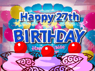 Happy Birthday Age 27 GIF, 27th Birthday GIF: Birthday animated gif with sparklers on text name you can customize. Brightly colored with a close up cake cherries.