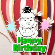 Happy Birthday Age 27 GIF, 27th Birthday GIF: A cute lamb gif with a bouncing lamb with sparklers with text flashing Happy Birthday Name that can be customized.