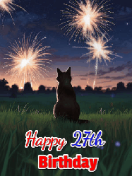 Happy Birthday Age 27 GIF, 27th Birthday GIF: An animated gif at night showing the backside of a sitting cat who watches sparkle and fireworks over a meadow. Customize name and happy birthday.