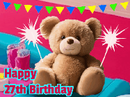 Happy Birthday Age 27 GIF, 27th Birthday GIF: A cute birthday teddy bear animated birthday gif with the bear holding sparklers and text to customize.