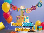 Happy Birthday Age 28 GIF, 28th Birthday GIF: Happy birthday cake animated gif with flickering candles, balloons, confetti, and text to customize.