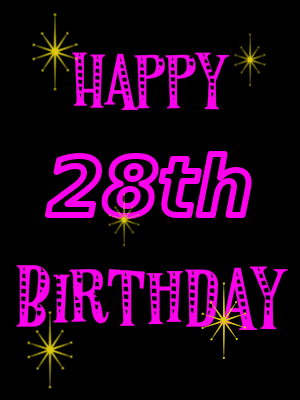 A vibrant animated GIF featuring colorful balloons and confetti exploding in celebration of a 28th birthday