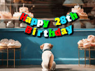 Happy Birthday Age 28 GIF, 28th Birthday GIF: Cute puppy animated birthday gif with dog watching the cake shop, then cake arrives and tail goes crazy! Customize it!