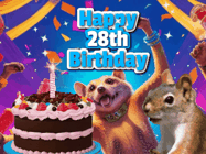 Happy Birthday Age 28 GIF, 28th Birthday GIF: A silly animated birthday gif, a chipmunk lights bady cake sparkler with laser beam eyes and starts a bright glitter party.