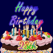 Happy Birthday Age 28 GIF, 28th Birthday GIF: A dark blue birthday gif with a beautiful cake with flickering candles, background sparkles and a name to customize.