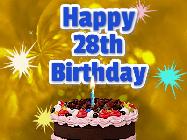 Happy Birthday Age 28 GIF, 28th Birthday GIF: A glitter and sparkle happy birthday gif with swelling sparkles, a birthday cake, and 3 lines of text to customize