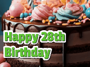 Happy Birthday Age 28 GIF, 28th Birthday GIF: A beautiful and elegant birthday cake gif with pink text to customize and animated flowers.