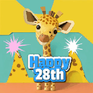 Happy Birthday Age 28 GIF, 28th Birthday GIF: Cute giraffee birthday gif depicting a paper cutout bobbing giraffe head and birthday text you can customize with sparklers.