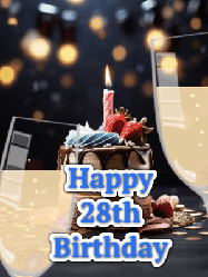 Happy Birthday Age 28 GIF, 28th Birthday GIF: A beautiful birthday cake gif with 2 champagne glasses making a toast where a sparkle shines and candle flame flickers.