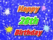 Happy Birthday Age 28 GIF, 28th Birthday GIF: A glitter birthday gif with a blue glitter background and animated text reading Happy Birthday Name