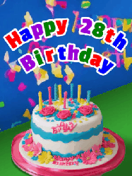Happy Birthday Age 28 GIF, 28th Birthday GIF: A brightly colored animated birthday gif with a cake and a cute cartoon dragon flies past to light the candles. Customize banner text.