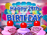 Happy Birthday Age 28 GIF, 28th Birthday GIF: Birthday animated gif with sparklers on text name you can customize. Brightly colored with a close up cake cherries.
