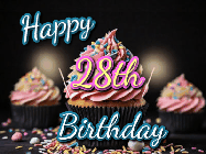 Happy Birthday Age 28 GIF, 28th Birthday GIF: A delicious cupcake gif with animated sparkles reading Happy Birthday with a name to customize