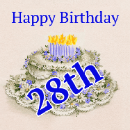 Happy Birthday Age 28 GIF, 28th Birthday GIF: A beautiful animated birthday gif with a vintage style cake drawing and animated candle flames. Customize the name and text.