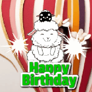 Happy Birthday Age 28 GIF, 28th Birthday GIF: A cute lamb gif with a bouncing lamb with sparklers with text flashing Happy Birthday Name that can be customized.