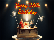 Happy Birthday Age 28 GIF, 28th Birthday GIF: Animated birthday cake gif with sparklers on a dark background. Personalize up to 3 lines of text.