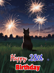 Happy Birthday Age 28 GIF, 28th Birthday GIF: An animated gif at night showing the backside of a sitting cat who watches sparkle and fireworks over a meadow. Customize name and happy birthday.