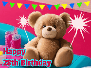 Happy Birthday Age 28 GIF, 28th Birthday GIF: A cute birthday teddy bear animated birthday gif with the bear holding sparklers and text to customize.