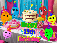 Happy Birthday Age 29 GIF, 29th Birthday GIF: A birthday animated gif with a party room in the background and cute balloons, cake, and name to customize.