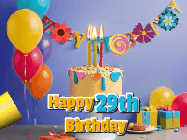 Happy Birthday Age 29 GIF, 29th Birthday GIF: Happy birthday cake animated gif with flickering candles, balloons, confetti, and text to customize.