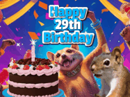 Happy Birthday Age 29 GIF, 29th Birthday GIF: A silly animated birthday gif, a chipmunk lights bady cake sparkler with laser beam eyes and starts a bright glitter party.
