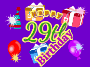 Happy Birthday Age 29 GIF, 29th Birthday GIF: Animated Birthday GIF with growing and shrinking background and sparklers and a customizable name that spins around.