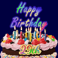 Happy Birthday Age 29 GIF, 29th Birthday GIF: A dark blue birthday gif with a beautiful cake with flickering candles, background sparkles and a name to customize.