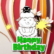 Happy Birthday Age 29 GIF, 29th Birthday GIF: A cute lamb gif with a bouncing lamb with sparklers with text flashing Happy Birthday Name that can be customized.