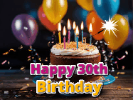 Happy Birthday Age 30 GIF, 30th Birthday GIF: A birthday cake with flickering candles gif with text reading Happy Birthday and a Name slot to customize