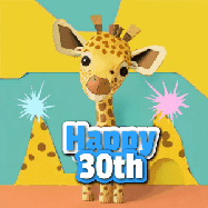 Happy Birthday Age 30 GIF, 30th Birthday GIF: Cute giraffee birthday gif depicting a paper cutout bobbing giraffe head and birthday text you can customize with sparklers.