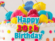 Happy Birthday Age 30 GIF, 30th Birthday GIF: A beautiful colorful animated happy birthday gif with the birthday greeting to customize.