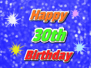 Happy Birthday Age 30 GIF, 30th Birthday GIF: A glitter birthday gif with a blue glitter background and animated text reading Happy Birthday Name