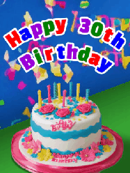 Happy Birthday Age 30 GIF, 30th Birthday GIF: A brightly colored animated birthday gif with a cake and a cute cartoon dragon flies past to light the candles. Customize banner text.