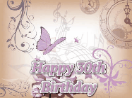 Happy Birthday Age 30 GIF, 30th Birthday GIF: Classical birthday gif background with colorful musical notes floating past and a name you can customize, reads Happy Birthday.