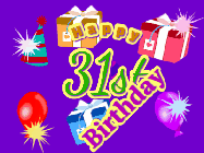 Happy Birthday Age 31 GIF, 31st Birthday GIF: Animated Birthday GIF with growing and shrinking background and sparklers and a customizable name that spins around.