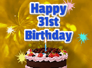 Happy Birthday Age 31 GIF, 31st Birthday GIF: A glitter and sparkle happy birthday gif with swelling sparkles, a birthday cake, and 3 lines of text to customize