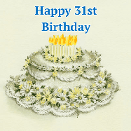 Happy Birthday Age 31 GIF, 31st Birthday GIF: A beautiful vintage birthday cake design with flickering candles atop and three lines of customized happy birthday text.